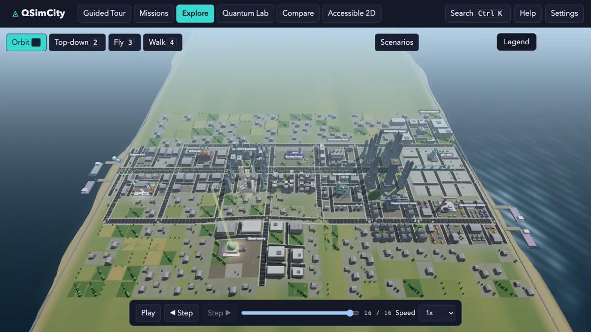 量子計算を可視化するQSimCityの探索可能な3D都市。